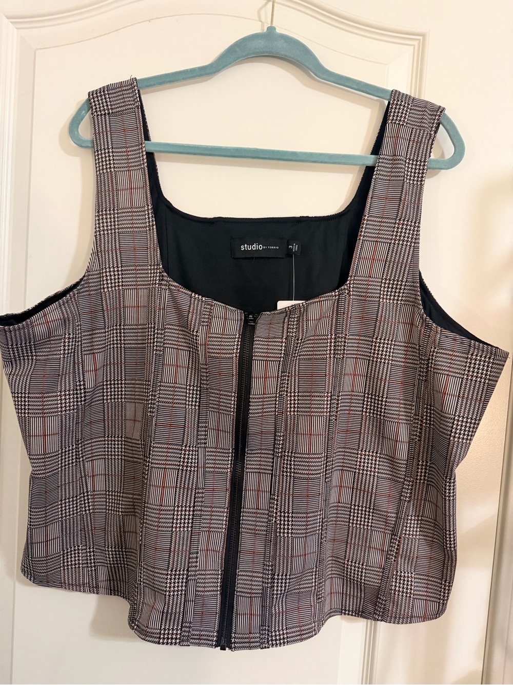 torrid Plaid Zip-Front Cropped Tank in Gray and Brown